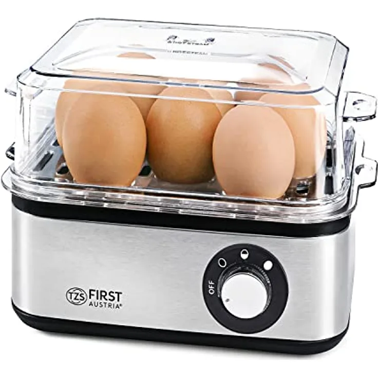 TZS First Austria Elektischer Eierkocher, 8 Eier, Messbecher, 500W, Edelstahl, Kontrollanzeige, Aufwärmfunktion, Zeitschalt- und Summerfunktion