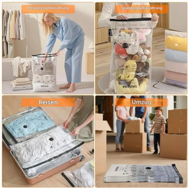 GRIFEMA GH83 Vakuumbeutel Set, 12 Stück in 4 Größen (Small bis Extra Large) inkl. Handpumpe, feuchtigkeitsbeständig und platzsparend für Textilien – Bild 5