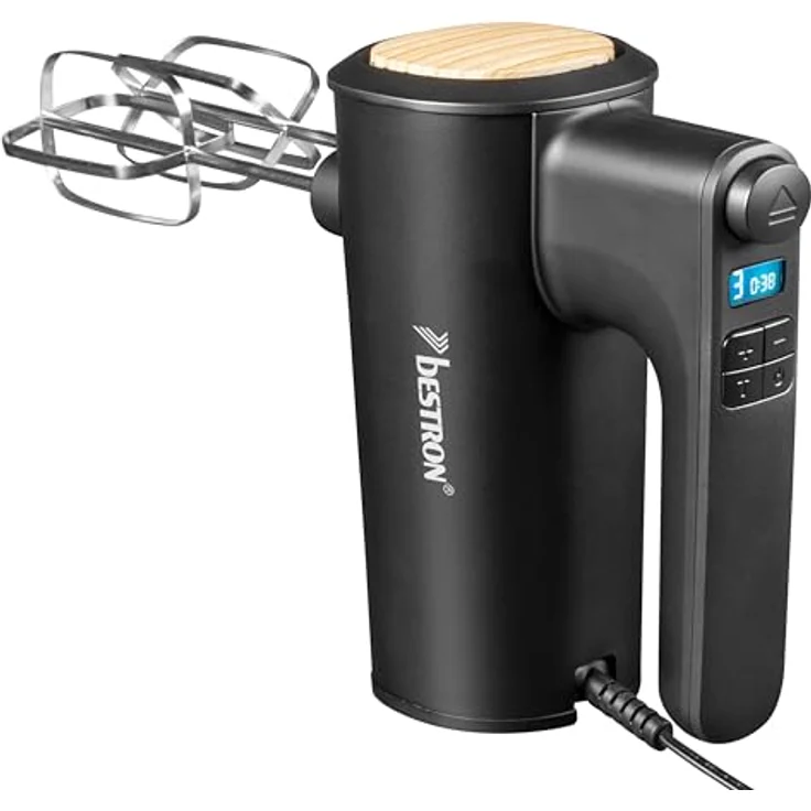 Bestron Power Handmixer AHMD100BW, 400W leistungsstarker Handmixer mit 6 Stufen, Turbo-Funktion, LCD-Display, Schwarz/Holz – Bild 1