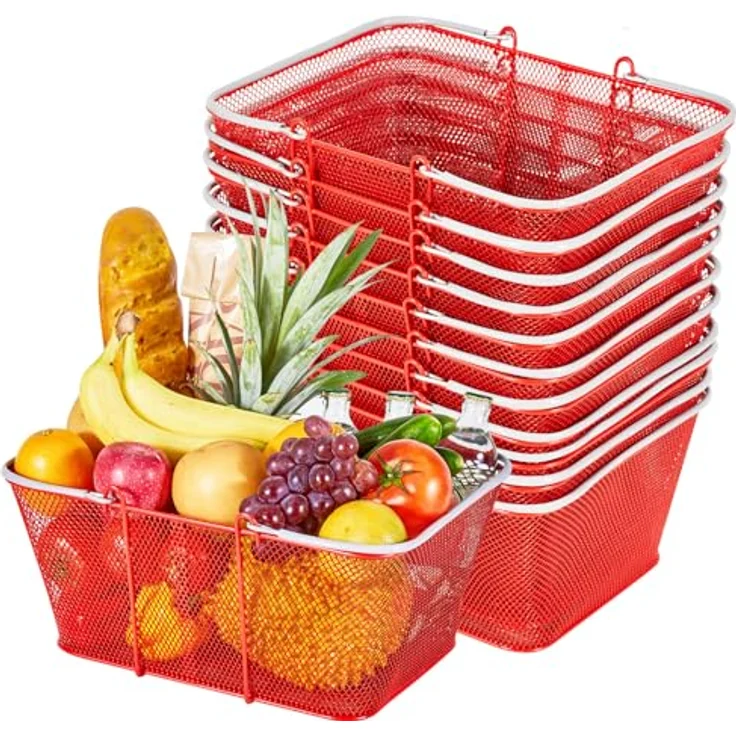 VEVOR Einkaufskorb Set, 12 STK., 22 L, stapelbarer Metallkorb mit Griffen, belastbar bis zu 20 kg, rot – Bild 1