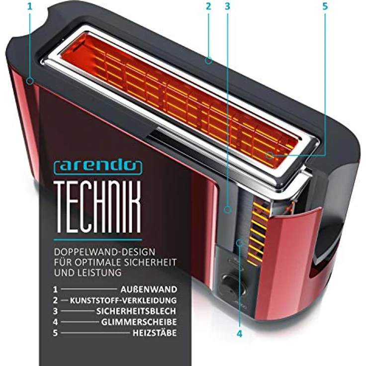 Arendo Toaster Langschlitz 2 Scheiben 1000W Karminrot Metallic - Defrost Funktion - Doppelwandgehäuse - Bräunungsgrade 1-6 - Display mit Restzeitanzeige – Bild 3