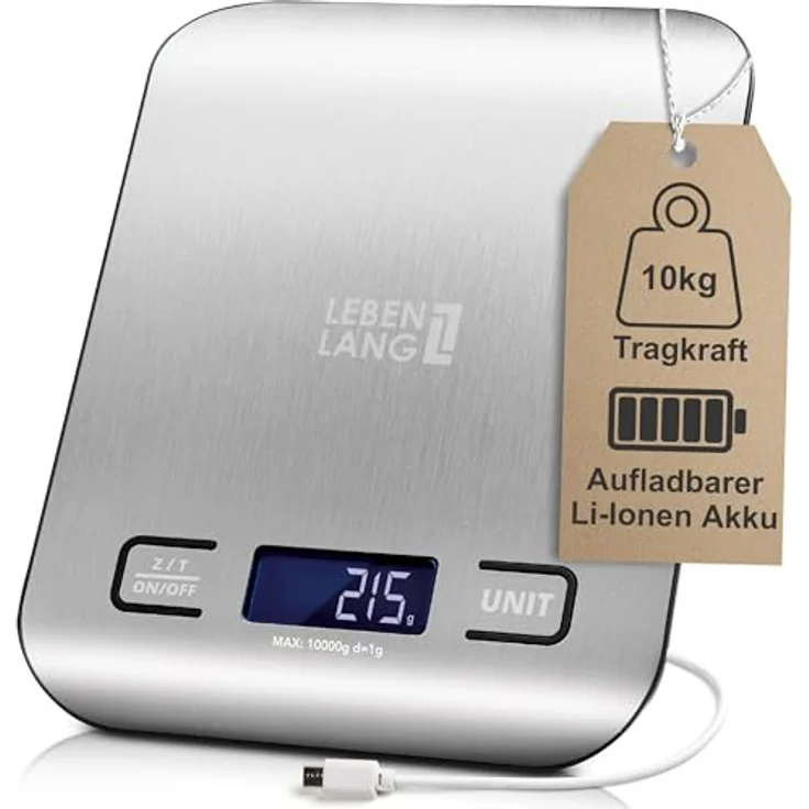 LEBENLANG Digitale Küchenwaage, USB aufladbar, bis 10 kg, präzise 1g Messung, Edelstahl-Design, inkl. Ladekabel: Tests, Infos & Preisvergleich