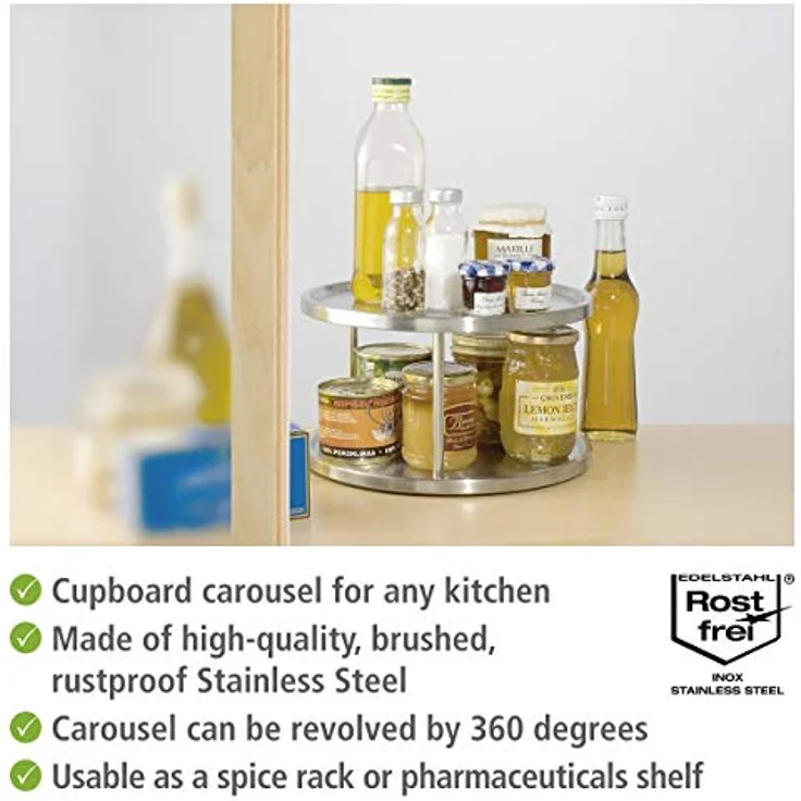 WENKO Schrankrondell Duo, drehbares Küchenregal mit 2 Ablagen für den Küchenschrank, Gewürzregal aus rostfreiem Edelstahl, 26,5 x 15,5 cm – Bild 2