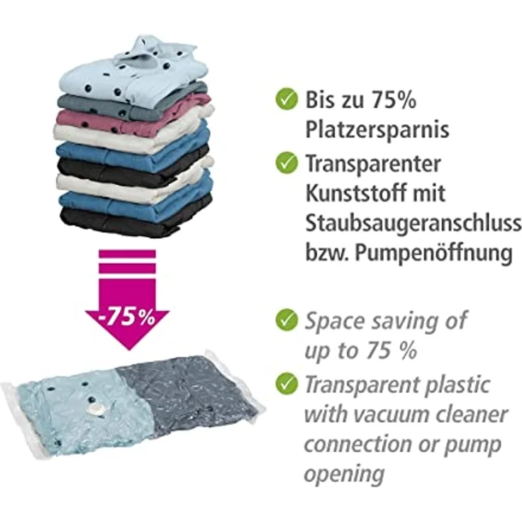 WENKO Vakuum Beutel Reise-Set, 6-teilig mit Staubsaugeranschluss, transparent, Platzsparend bis zu 75% – Bild 5