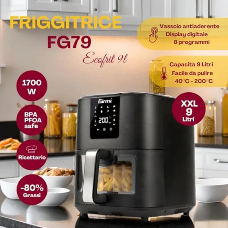 Girmi FG79 "Ecofrit 9L" Luftfritteuse, 1700 W, 9 Liter XXL, 8 Programme, Digitalanzeige, BPA/PFOA Safe, Innenbeleuchtung, Timer, Rezeptbuch inklusive, Mattschwarz – Bild 2