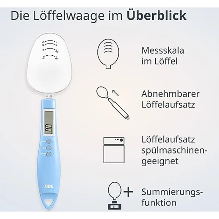 ADE Eni Löffelwaage, Digitale Löffelwaage mit abnehmbaren Löffelaufsatz, 0,1 g Einteilung, für Gewürze, Kaffee, Tee, Tierfutter bis 300 g, blau/grün: Tests, Infos & Preisvergleich