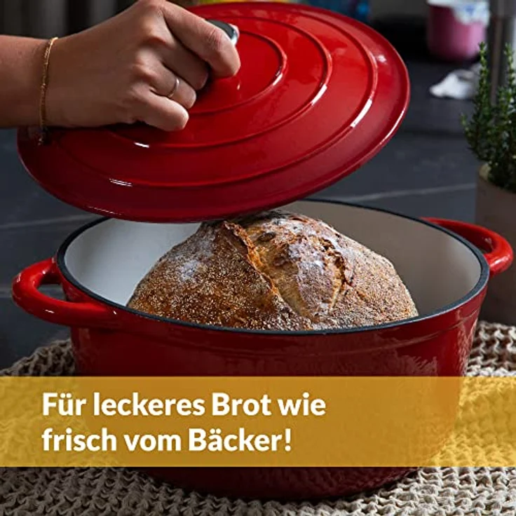 Gusseisen Topf 26 cm 4,7 L emailliert - Schmortopf mit Deckel Induktion - Gusseisen Bräter Topf Brot backen - Cocotte emaille - Bratentopf - Brotbacktopf – Bild 2