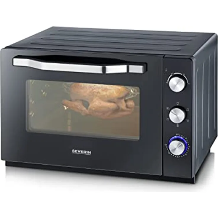 SEVERIN XXL Back- und Toastofen mit Umluftfunktion, Backofen mit Grillrost, Backblech, Drehspieß und Pizzastein, vielseitiger Heißluftofen mit 60 L Kapazität, 2.200 W, schwarz, TO 2073