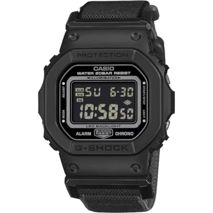 Casio G-Shock DW-5600, Herren Digital Quarz Armbanduhr mit stoßfester Konstruktion und 20-bar-Wasserdichtigkeit, FIDLOCK Magnetverschluss, dehnbarem Textilband und Super Illuminator LED