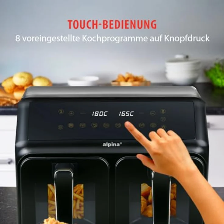 alpina Doppel-Heißluftfritteuse 871125227219, 2 Kammern 8L mit Digitaldisplay, 8 Kochprogrammen und Sichtfenstern, Schwarz – Bild 5