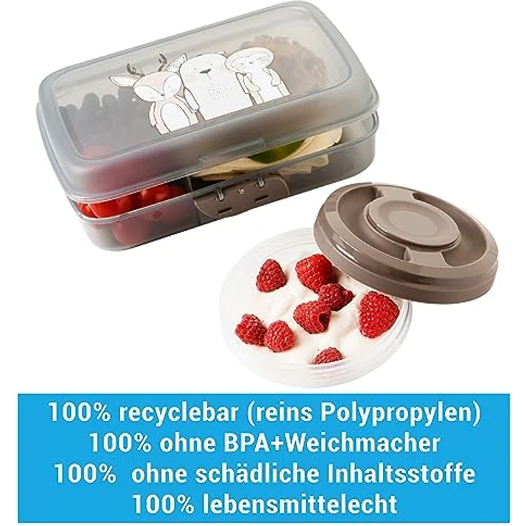 Brotdose Kinder mit Fächern 3friends, 2x Brotdosen + 2x Schraubdeckeldosen, Lunchbox Kinder mit Trennfächern + Clickverschluss, Brotzeitbox Frühstücksbox 100% Recyclebar ohne BPA, Model:Tom – Bild 4
