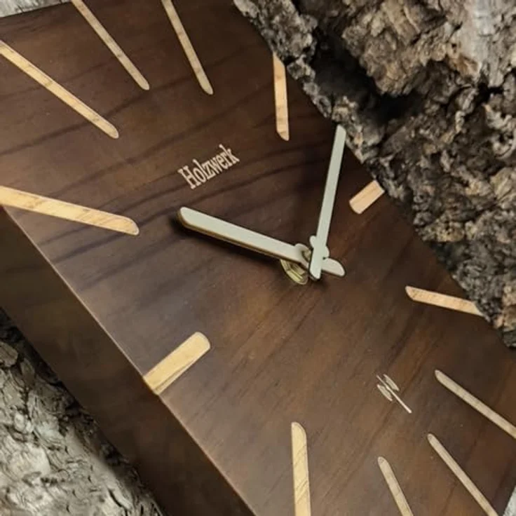 Holzwerk Wanduhr, Funkuhr aus massivem Holz, quadratisch, dunkelbraun, 25x25x2 cm, nahezu lautloses Uhrwerk – Bild 7