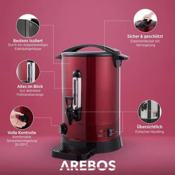 Arebos Glühweinkocher 6,8 L mit Überhitzungsschutz, Temperatureinstellung 30–110 °C, Edelstahl, 950 W – Bild 3