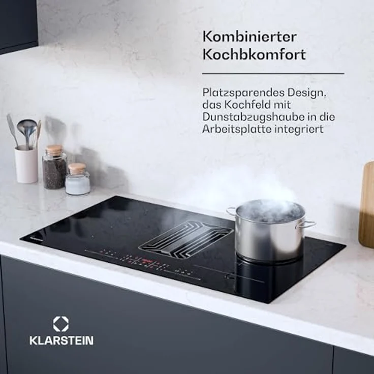 Klarstein AirJet Induktionskochfeld mit Dunstabzug, 12 kW, Boost 750 m³/h, 9 Stufen, Touch-Bedienfeld, leise 58 dB, Bridge-Connect, Schwarz – Bild 2