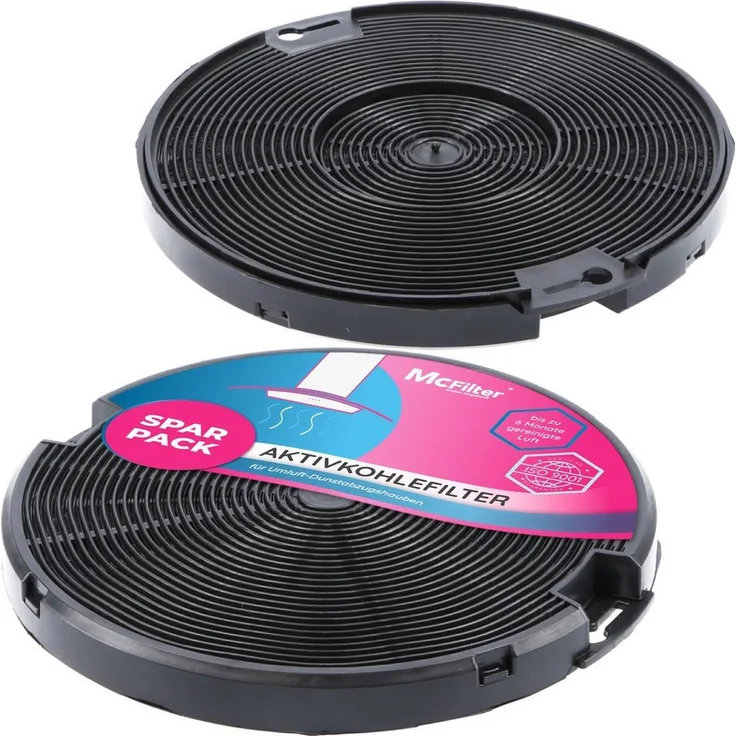 McFilter Aktivkohlefilter 2x Kohlefilter Filter passend für AEG 405509371/2, Faber 112.0067.944, 112.0254.245, IKEA 203.383.74, NYTTIG FIL 500, für Dunstabzugshaube - 2 Stück, rund, 150 mm Durchmesser, Bajonett-Verschluss