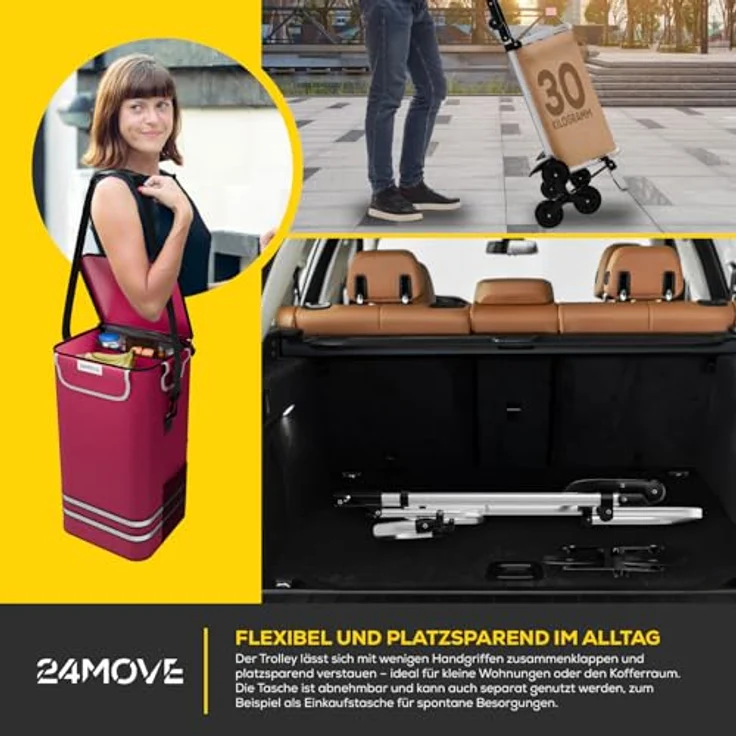 24MOVE® Einkaufstrolley Alegre, klappbar mit 55L Kühlfach, faltbarer 3in1 Trolley - Sackkarre und Tasche, bis 30kg belastbar, rot – Bild 4