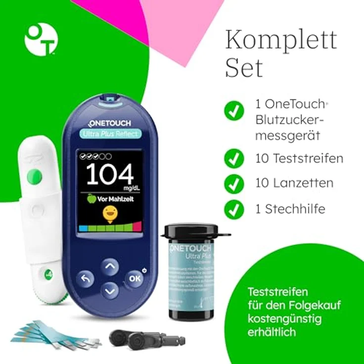 OneTouch Ultra Plus Reflect® Blutzucker-Messgerät (mg/dl) I Diabetes-Testset in Stoffbeutel, tragbar mit schnellen & genauen Ergebnissen, 20 Sprachen, global bewährt – Bild 2