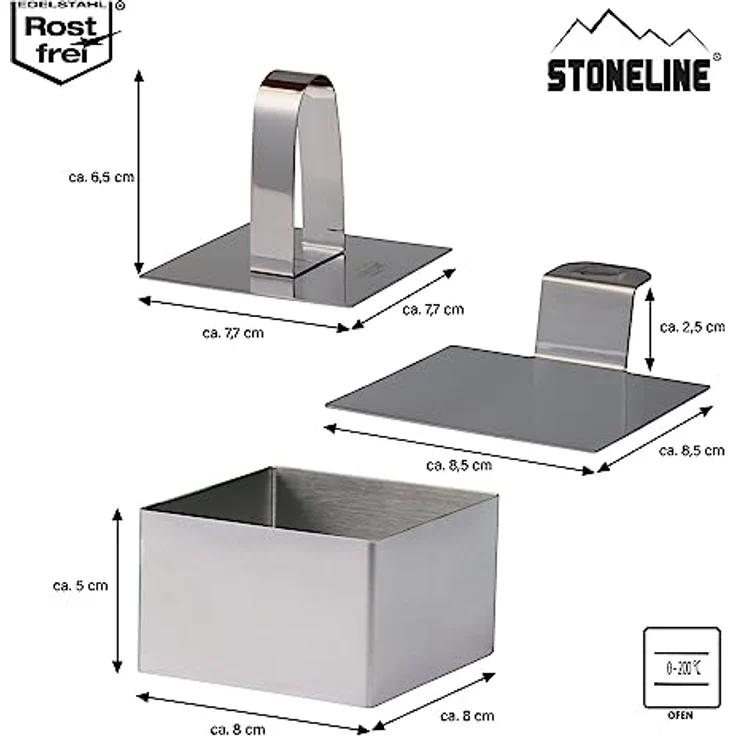 STONELINE Dessertringe und Speiseringe, Ring Set eckig, 8-teilig, Edelstahl, 6 Ringe, 1 Heber, 1 Stempel, Lebensmittel Presse, Dessertringe 8cm, Dessertring/Speisering – Bild 4