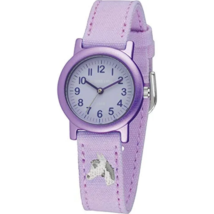 Jacques Farel Quarzuhr ORG 8820, Kinder-Armbanduhr mit Pferdestickerei, zartlila Baumwollarmband, ideal als Geschenk