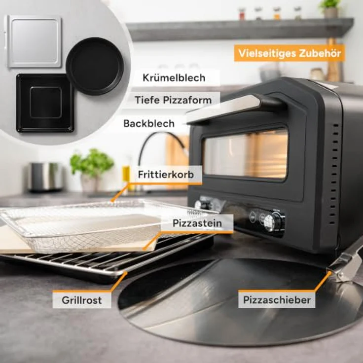 TZS First Austria Pizzaofen 18L, 400°C, 6 Programme, 8 Funktionen, 1700 W, Schwarz, inkl. Pizzastein, Pizzaschieber und Frittierkorb – Bild 6
