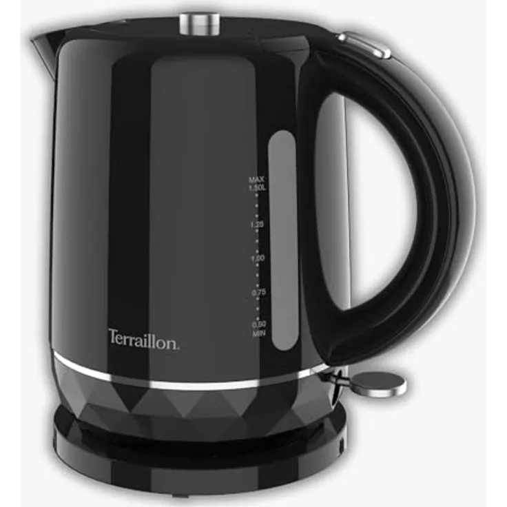 TERRAILLON SCHWAZER DIAMANT, Elektrischer Wasserkocher 1,5 l, 2200 W, 360° drehbarer Sockel, automatische Abschaltung, Hintergrundbeleuchtung, Wasserstandsanzeige, schwarz