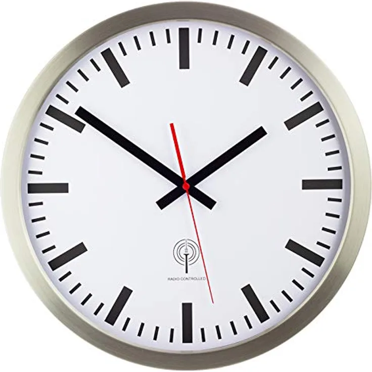 Eurotime Funkwanduhr 40 cm Silber, mit Bahnhofszifferblatt, automatische Zeitanpassung, nur für Innen, 56862-07