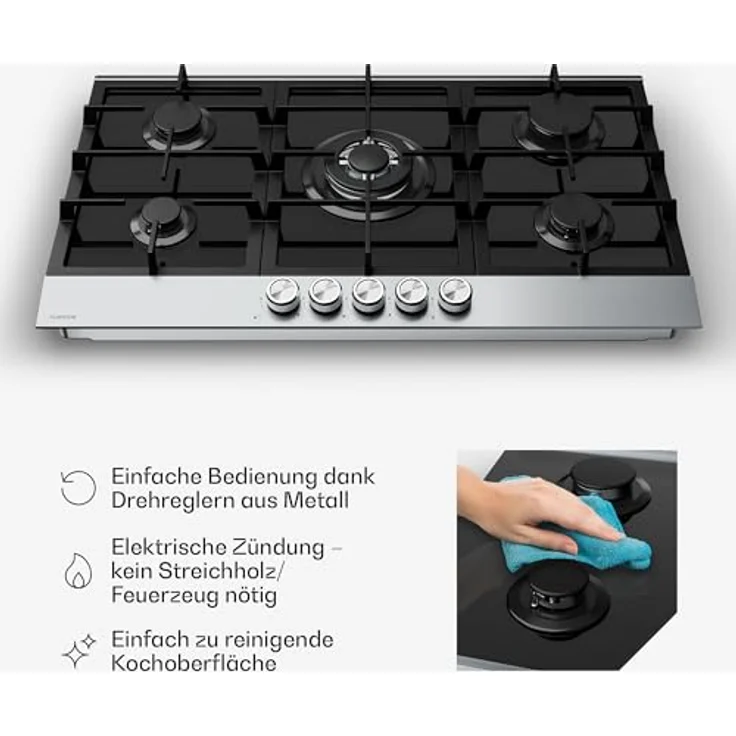 Klarstein Verosteel Gaskochfeld, 90cm 5-Brenner Kochfeld, Glas & Edelstahl, 10400W, Flüssiggas/Erdgas, elektrische Zündung, Flammenausfallschutz – Bild 6