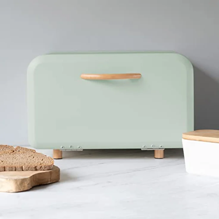 Navaris Brotkasten Brotaufbewahrung Brotbox mit Frontöffnung - Behälter zur Aufbewahrung von Brot - Brotdose Brotkorb Brotbehälter aus Metall - Mint Grün – Bild 2