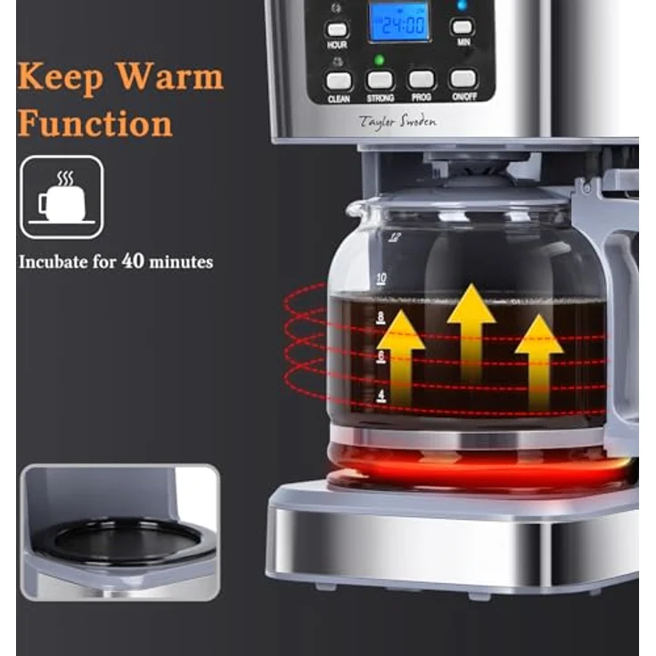 Taylor Swoden 950W Filterkaffeemaschine mit Timer, 1.5L für 12 Tassen, BPA-frei, Grau - Pewter, mit Abschaltautomatik und Tropf-Stopp – Bild 4