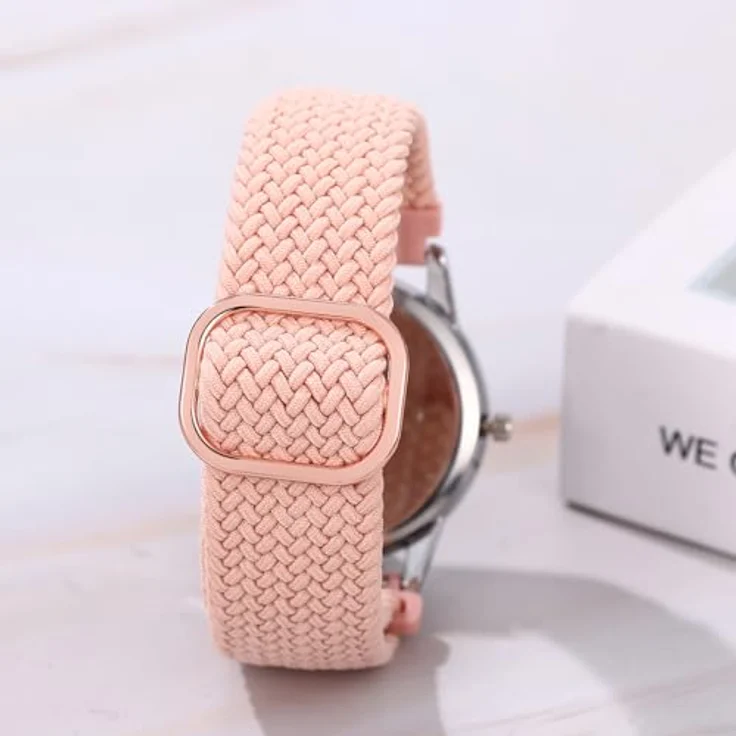 JewelryWe Geflochtene Elastische Damenuhr/Herrenuhr, Analog Quarz mit Kalender, Rosa Gewebtes Stretcharmband, Große Ziffern und Datumsanzeige, 12/24 Stunden – Bild 3