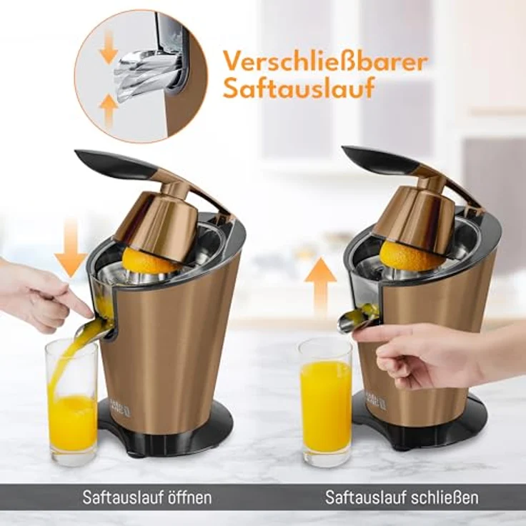 Lebenlang Zitruspresse, elektrische Saftpresse 600W mit Edelstahlkegel und BPA-frei, Schwarz & Silber – Bild 4