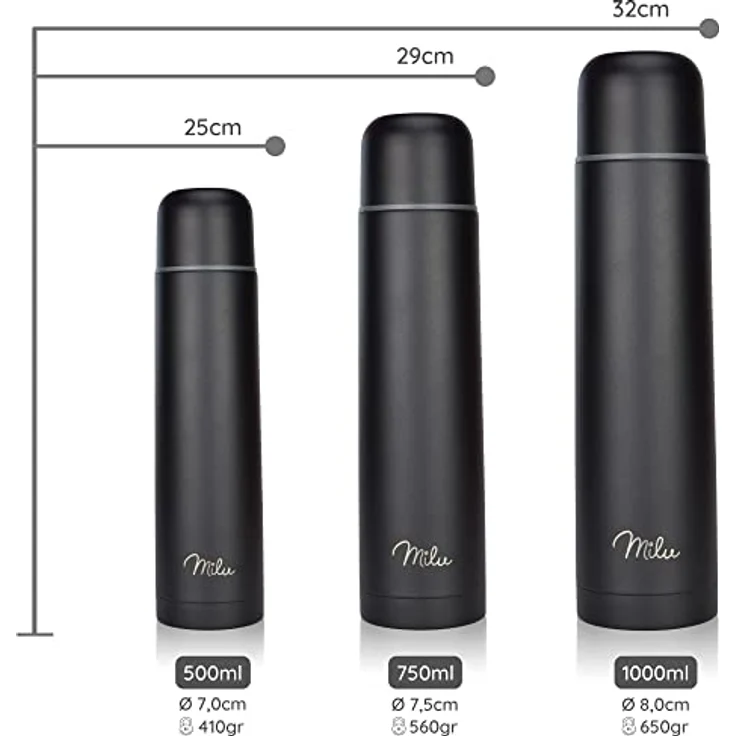 Milu Thermosflasche Thermoskanne Isolierflasche 1L, 750ml, 500ml - Isolierte Edelstahl Trinkflasche, 100% Auslaufsicher, Doppelwandisolierung (Schwarz, 750ml) – Bild 4