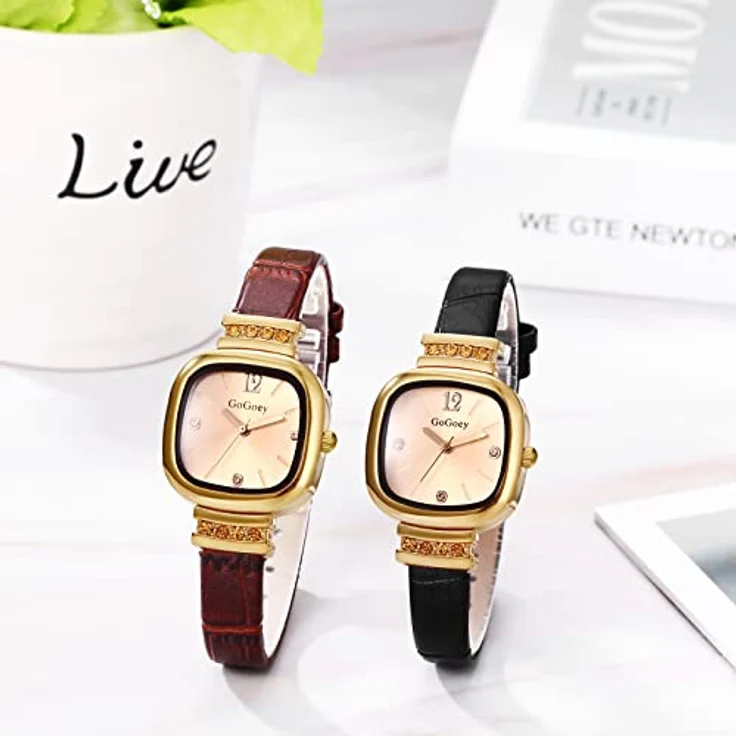 JewelryWe 2pcs Damen Analog Quarz Armbanduhr, quadratisch, Strass, PU Leder Armband, schwarz/braun, wasserdicht – Bild 2