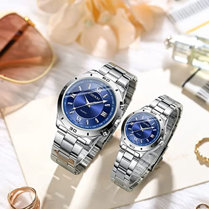 JewelryWe Paar Uhren Analog Quarz, 30M wasserdicht, Edelstahl Armband, Leuchtzeiger, blau – Bild 4