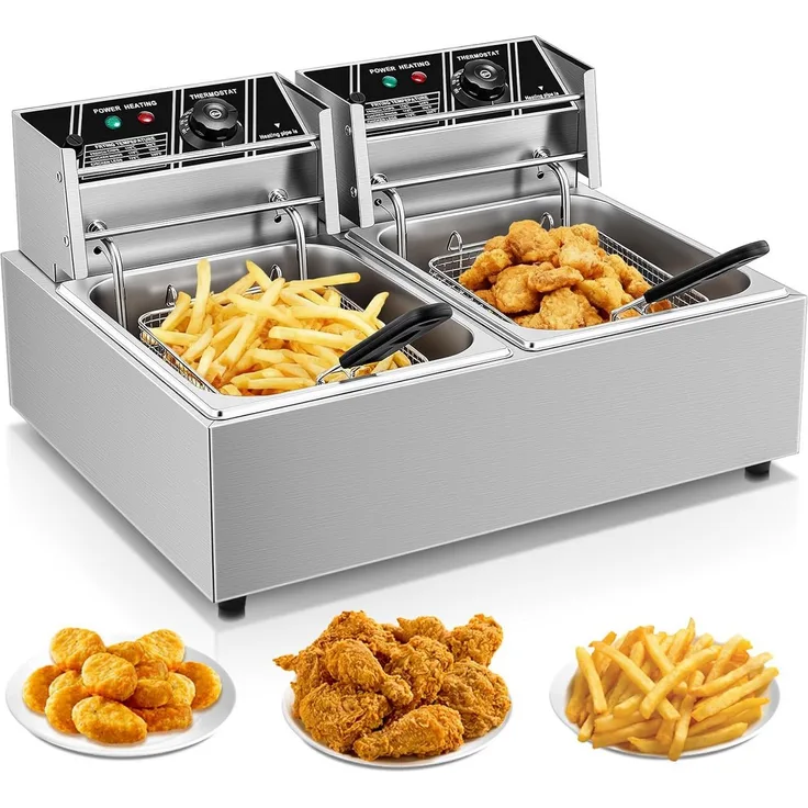 FOHERE Kaltzonenfritteuse, 21,6L Doppelfritteuse mit Fettauffangbehälter und Frittierkorb, 3400 W