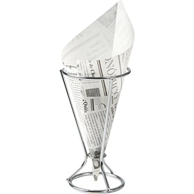 Fackelmann Fingerfoodhalter mit Spitztüten, Pommeshalter inklusive 5 fettabweisenden Papiertüten, Snackständer mit Tüten im Zeitungsdesign (Farbe: Silber, Weiß/Schwarz), Menge: 1 x Halter, 5 x Tüten