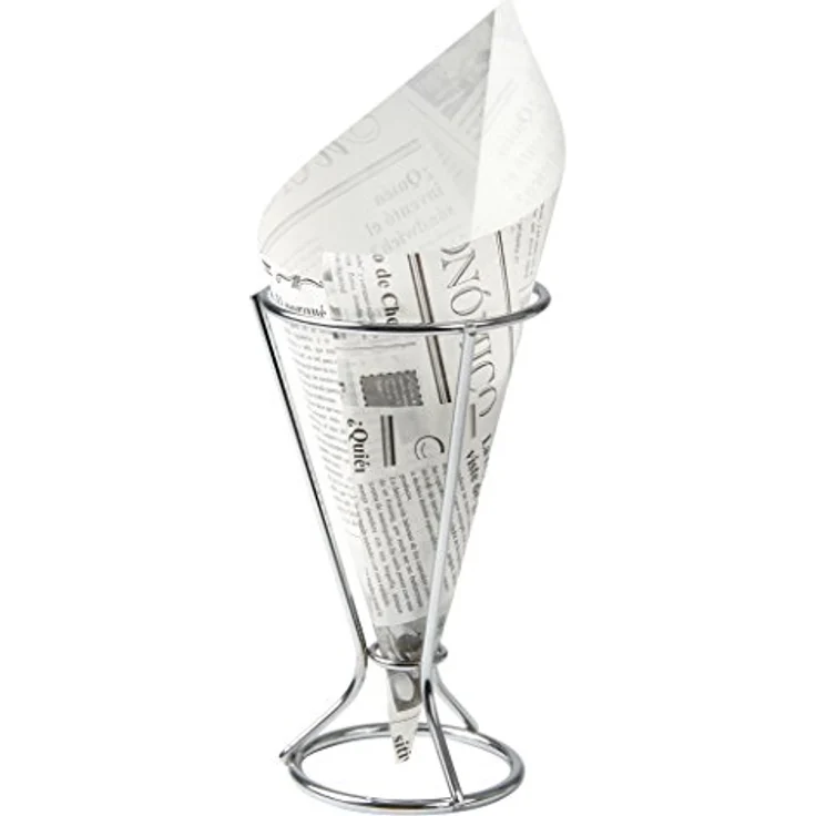 Fackelmann Fingerfoodhalter mit Spitztüten, Pommeshalter inklusive 5 fettabweisenden Papiertüten, Snackständer mit Tüten im Zeitungsdesign (Farbe: Silber, Weiß/Schwarz), Menge: 1 x Halter, 5 x Tüten – Bild 1