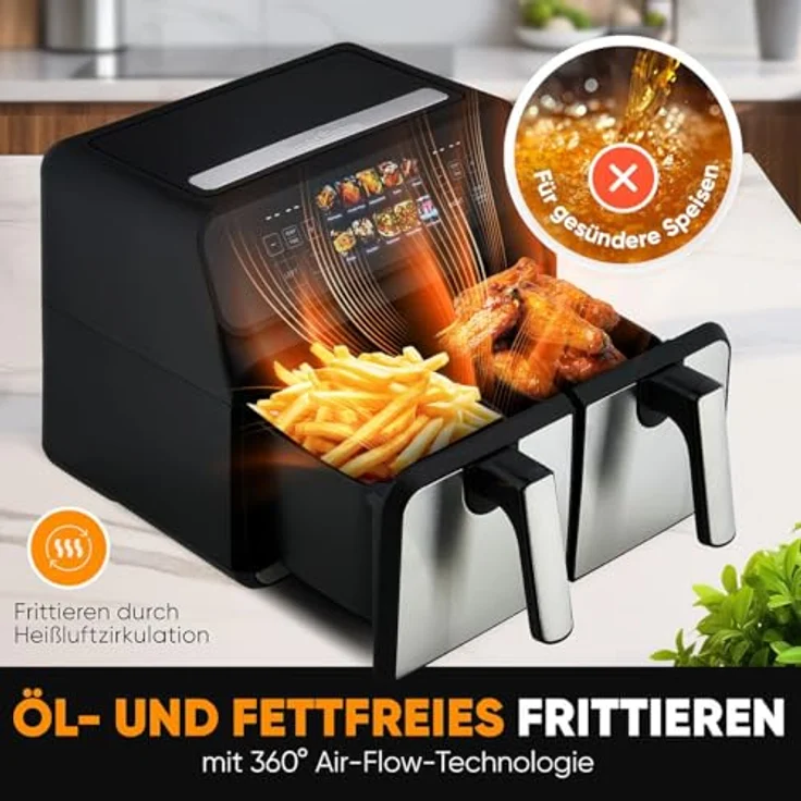 ProfiCook® Heißluftfritteuse 2 Kammern | 8L Heißluftfritteuse Doppelkammer | kein Öl oder Fett | Air Fryer m. Color-Display | Doppel Heißluftfritteuse 2200 Watt | Heißluftfritteuse XXL | PC-FR 1287 H – Bild 3