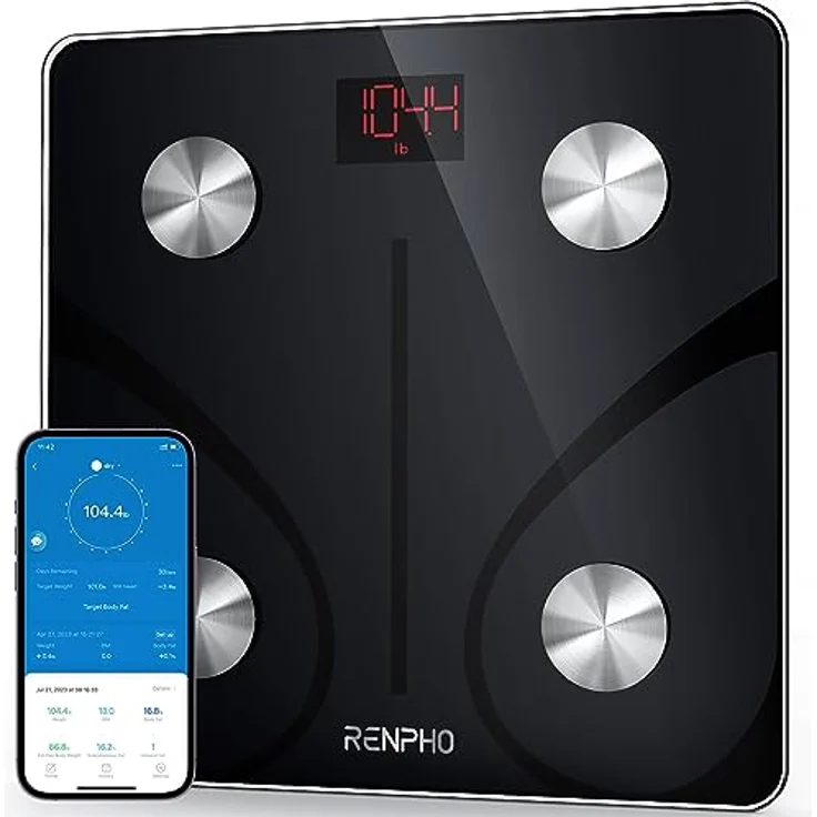 RENPHO Personenwaage Körperfettwaage, Waage Personen mit App 180 kg/400 lbs, Körperwaage Digital Bluetooth Körperanalysewaage für Körperfett, BMI, Muskelmasse, Protein, BMR, Schwarz – Bild 1
