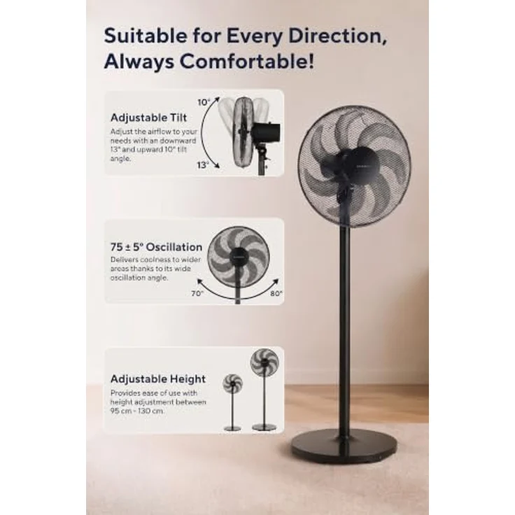 KUMTEL Standventilator KTF-760, 50 W, 7-Blatt-Rotor, Kupfermotor, höhenverstellbar, schwarz – Bild 7