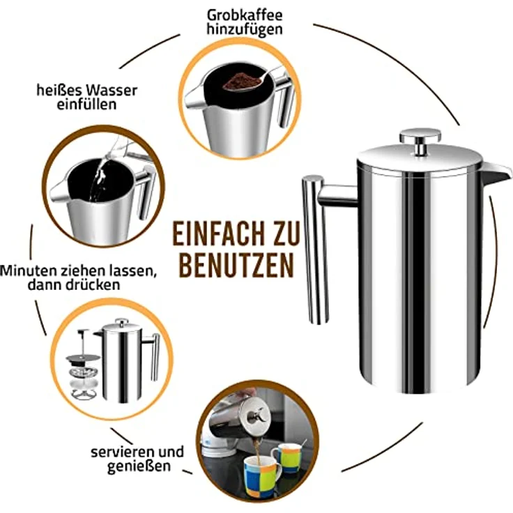 KICHLY French Press 8 Tassen Edelstahl Kaffeebereiter, doppelwandig isoliert mit 3-Stufen Filtrationssystem und 1 extra Filter – 1000ml / 34oz – Silber – Bild 3