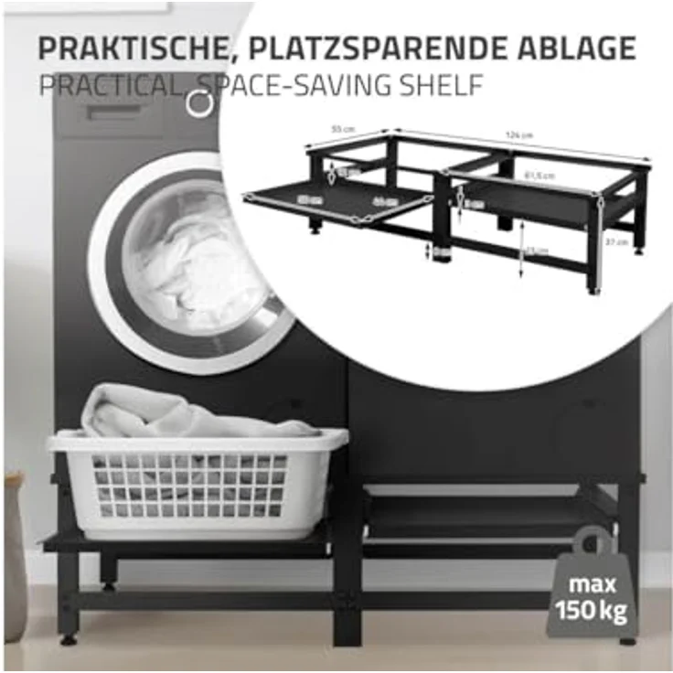 ML DESIGN modern living Doppel Waschmaschinen-Untergestell mit 2 ausziehbaren Ablagen, Schwarz, Stahl, bis 2x 150kg + 10kg, verstellbare Füße, Doppelsockel mit erhöhtem Rahmen und sicherem Stand – Bild 3