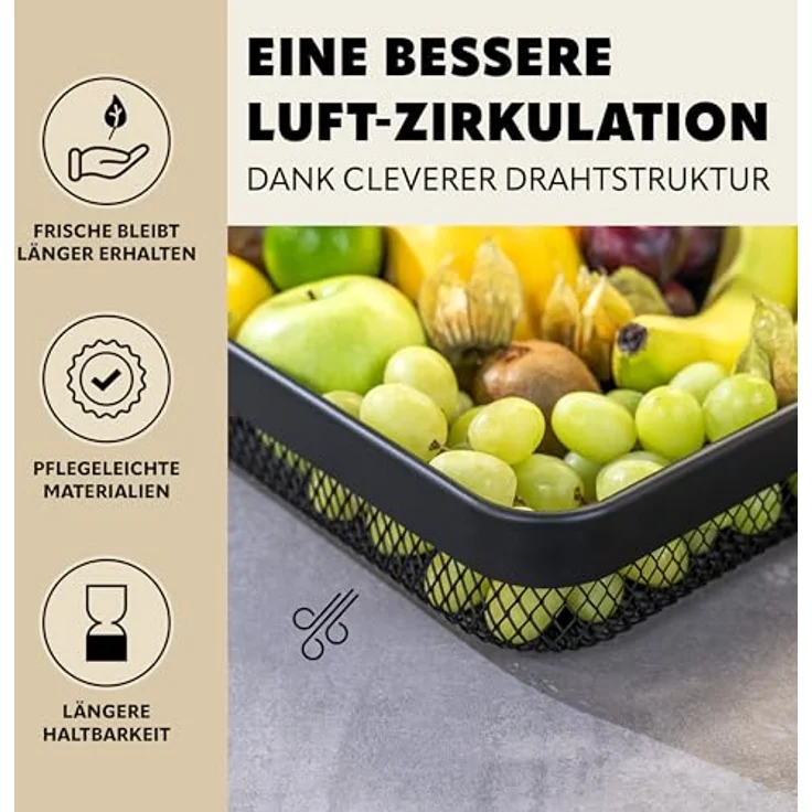 eluno Obstkorb 2er Set, eckige Drahtkörbe aus schwarz pulverbeschichtetem Metall, ideal für Obst, Gemüse und Brot, in zwei Größen (24,5 x 24,5 cm und 30,5 x 30,5 cm) – Bild 4