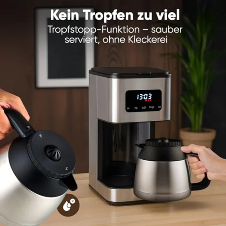 ProfiCook® PC KA 1300, Kaffeemaschine mit Edelstahlgehäuse, für bis zu 10 Tassen, Aromawahl in 3 Stufen, Tropfstopp, Uhrzeit-Anzeige, 900W – Bild 5