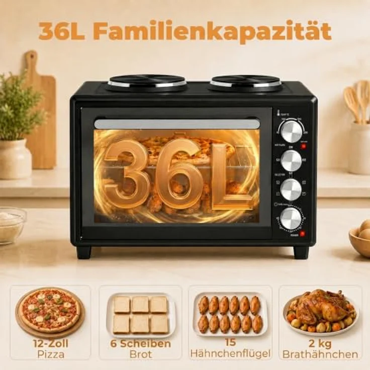 HOMCOM Minibackofen mit Umluft und 2 Kochplatten, 36L, 90-230℃, 60-Min.-Timer, Schwarz – Bild 6