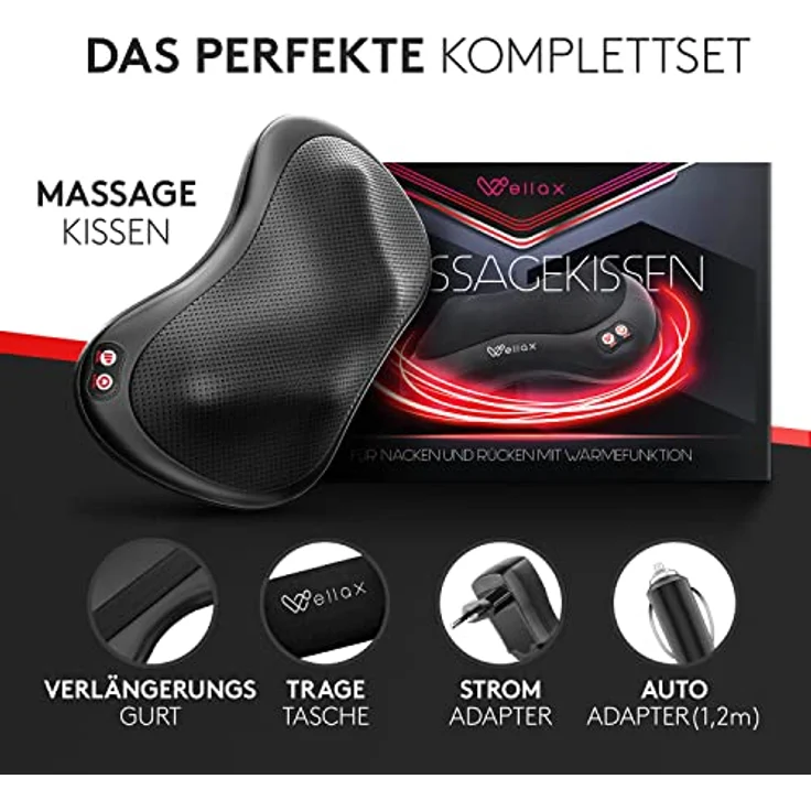 Wellax - Massagekissen mit Wärmefunktion & 360° Drehung - Shiatsu Nackenmassagegerät mit 3 Geschwindigkeiten für Schultern & Rücken - inkl. Verlängerungsgurt - Neck Massager, Schwarz – Bild 2