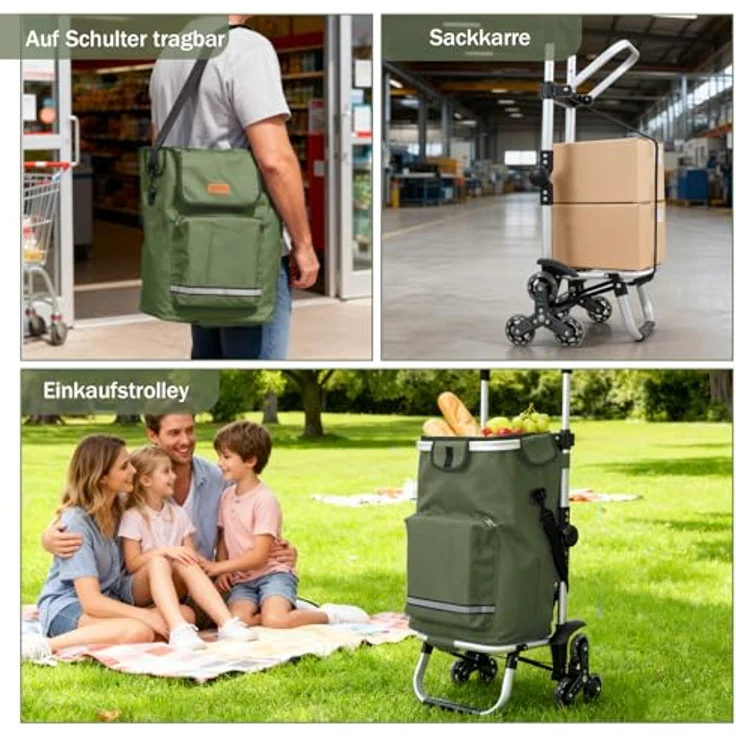 Sekey Einkaufstrolley Klappbarer Einkaufswagen 3-in-1 mit Kühlfach, Treppensteiger, 42 l, Dunkelgrün, inkl. Einkaufschip und Spanngurt – Bild 5