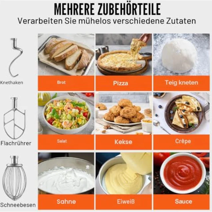 VEVOR Kommerzieller Küchenmixer B15B, 14 l Standmixer mit 3 Geschwindigkeiten, 550 W, Edelstahl-Schüssel und 3 Aufsätzen, funkeln Silber – Bild 4