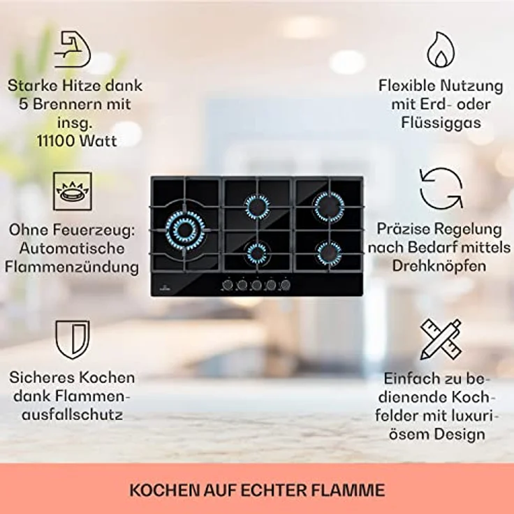 Klarstein Ignito Chef Gaskochfeld, Einbaugerät, Drehregler, Breite 90 cm, 5 Zonen, schwarz - Preisvergleich – Bild 2