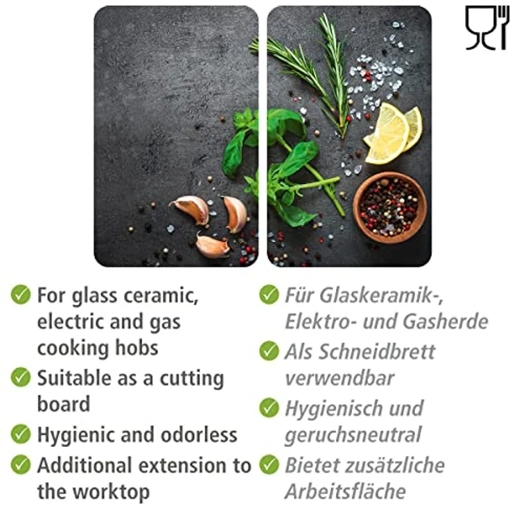 WENKO Herdabdeckplatte Universal Kräuter, 2er Set Herdabdeckung für alle Herdarten aus gehärtetem Glas, Herdabdeckplatten auch als Schneidebrett nutzbar, hygienisch, kratz- und schlagfest, 30 x 52 cm – Bild 3